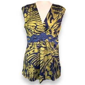 Women's Hale Bob Sleeveless silk Blouse blue green studded deep v neck y2k